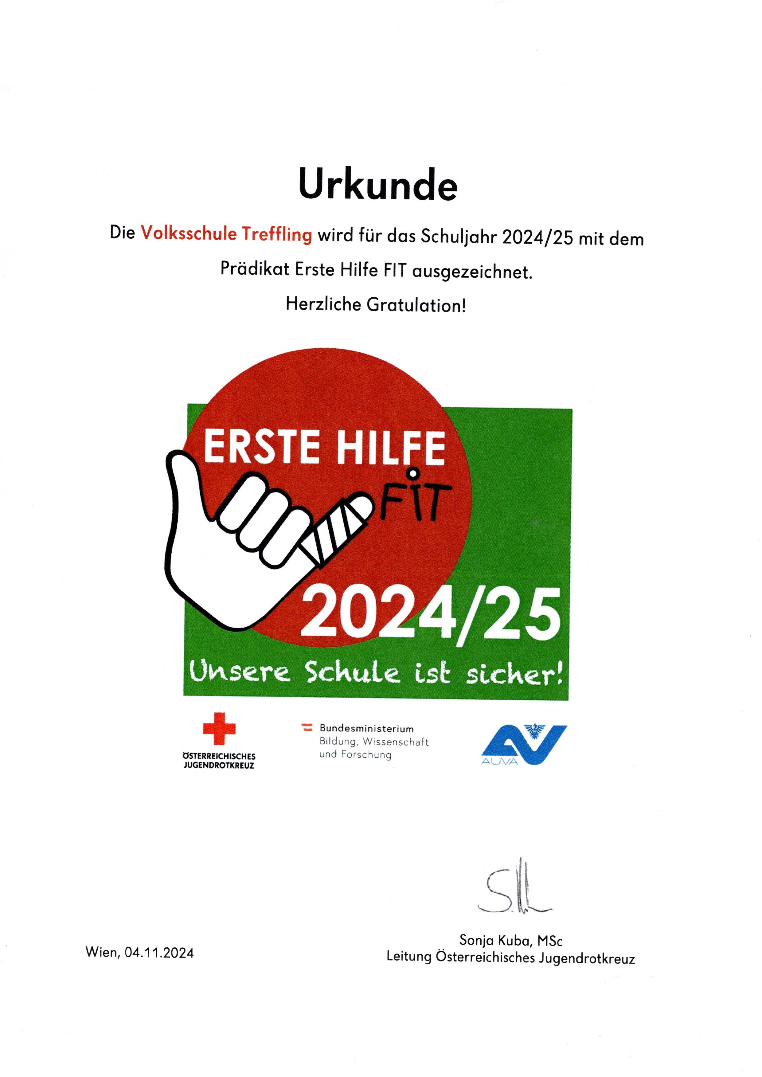 Auszeichnung Erste Hilfe FIT